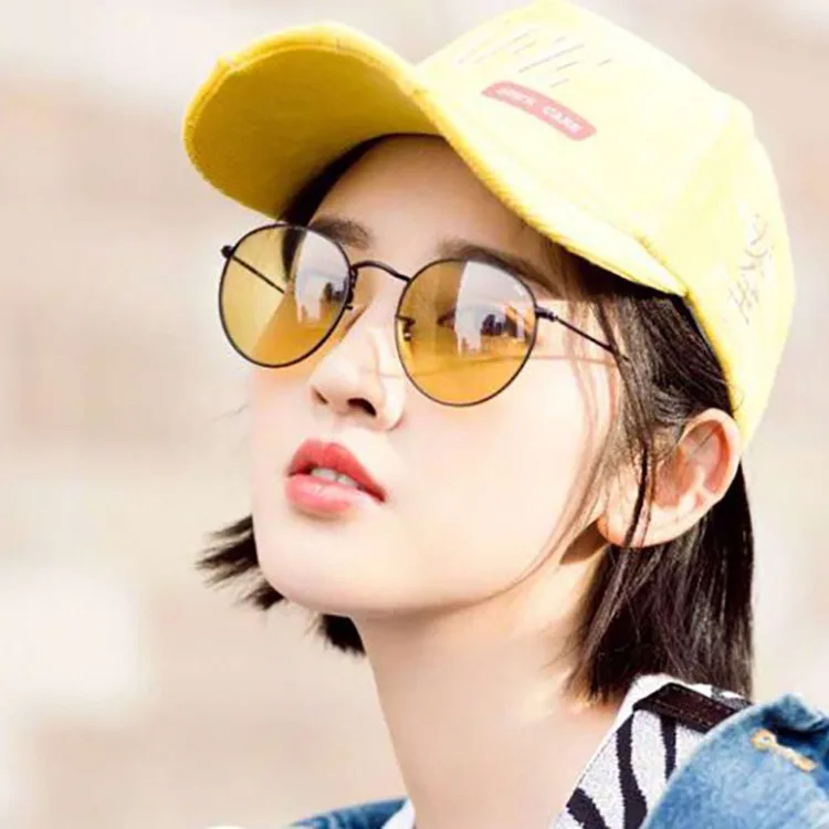 Новые модные корейские Металлические солнцезащитные очки мужские крутые круглые брендовые дизайнерские винтажные маленькие круглые "прозрачный океан" линзы желтые