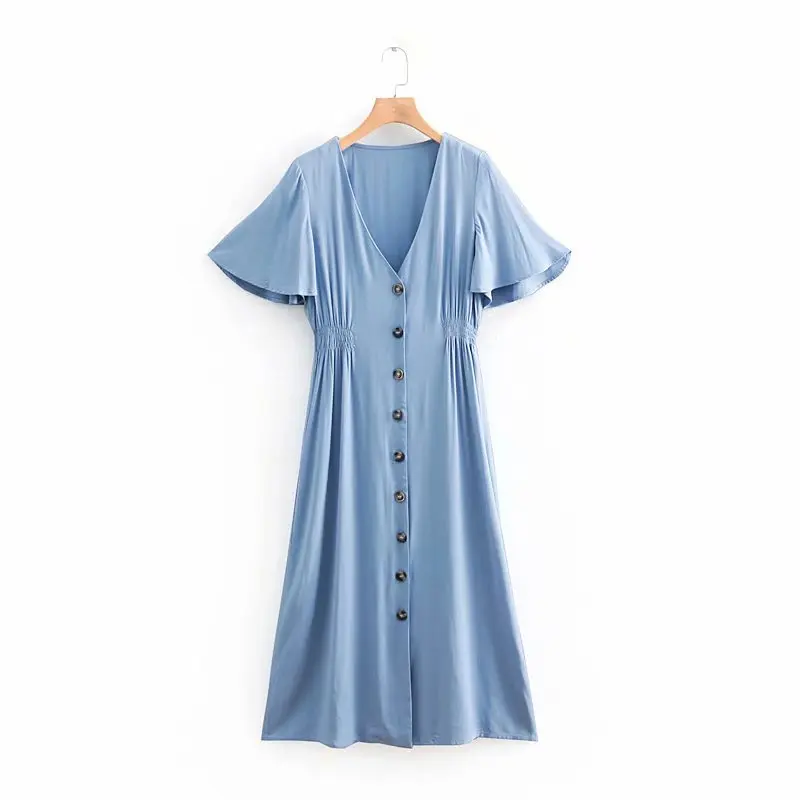 

Summer Women Dress Women Solid Casual V-Neck Short Dress Vintage A-Line Single-breasted Slim Mid-Calf Female Sundress