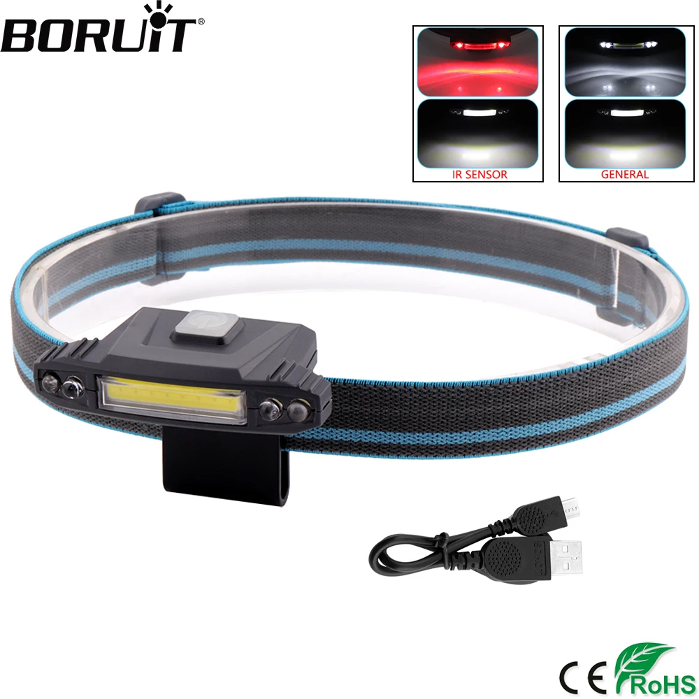cheap BORUiT COB LED 200LM Headlamp 3 4 Mode USB Rechargeable Headlight Built in Battery Head Torch IPX4 IR Sensor Flashlight