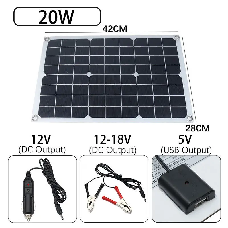 

HOT Genuine 20W Solar Panel with 5V USB Output 12/18V DC Output Battery Charger for RV/yacht//car/boat/motorcyle Outdoor Charger