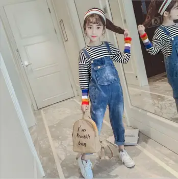 

2019 new wholesale girls denim overalls spring pockets fashion girls pants 4-9t A796