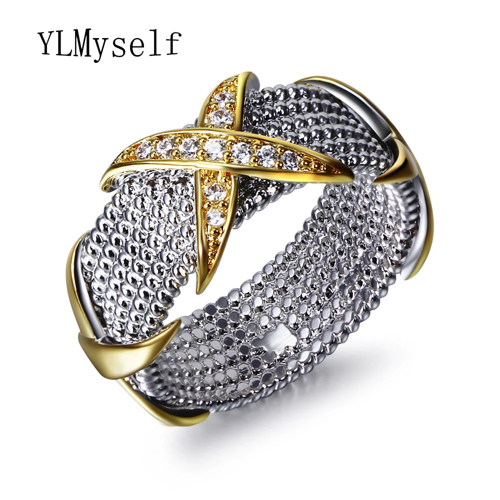 Мода 2 тон пластина кольцо крест дизайн с Потрясающие яркие CZ Кристалл bague femme Анель Модные кольца для женщин