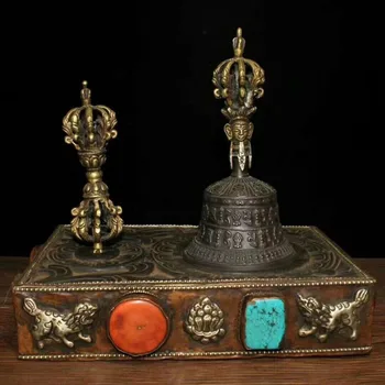 

christmas 10" Tibetan Wood Bronze Buddhism Dorje Vajra Bell & Holder Box Phurba Dagger Set halloween