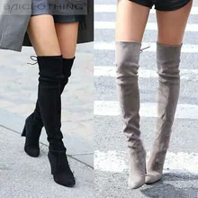 Women Faux Suede Thigh High Boots Fashion Over the Knee Boot Stretch Sexy Overknee High Heels Woman Shoes Black Red Gray Khaki