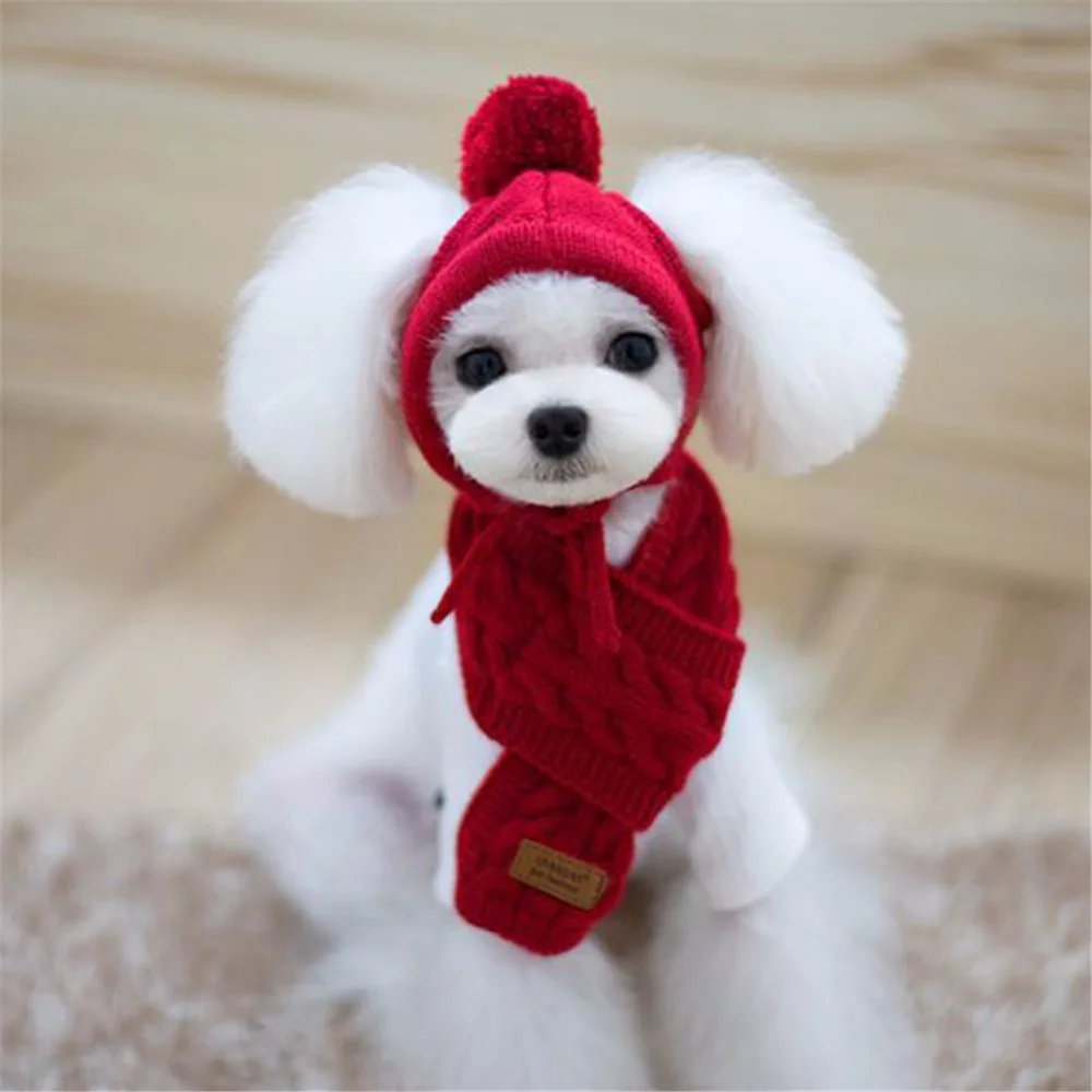 Милая шерстяная зимняя одежда для домашних животных, однотонная теплая шапка для собак, шарф, набор для рождественской вечеринки, костюмы для собак, одежда для Боди для чихуахуа