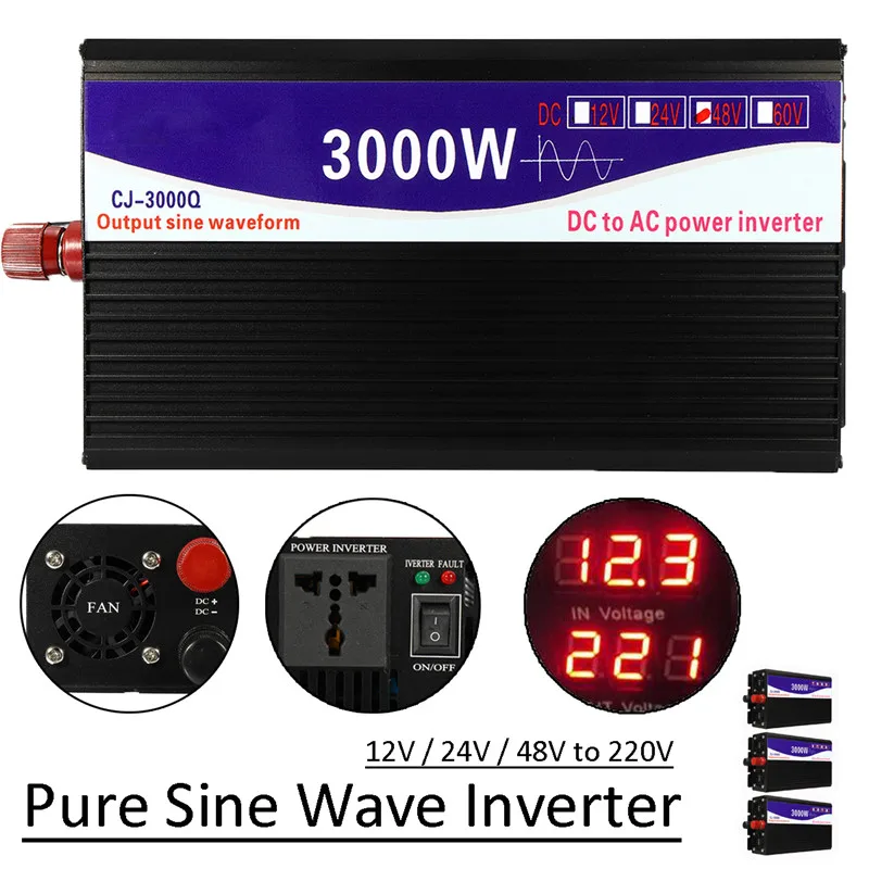 

1set Black 3000W 50HZ Pure Sine Wave Power Inverter LED Display 12V / 24V / 48V To 220V Transformer Power Supply