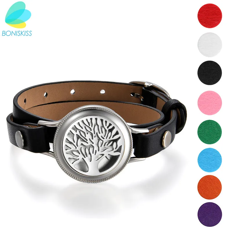 Boniskiss 2020 leather wrap bracelet 25mm Stainless Steel Essential Oil Diffuser Life Tree Locket Aromatherapy( 8 pads For Free) | Украшения