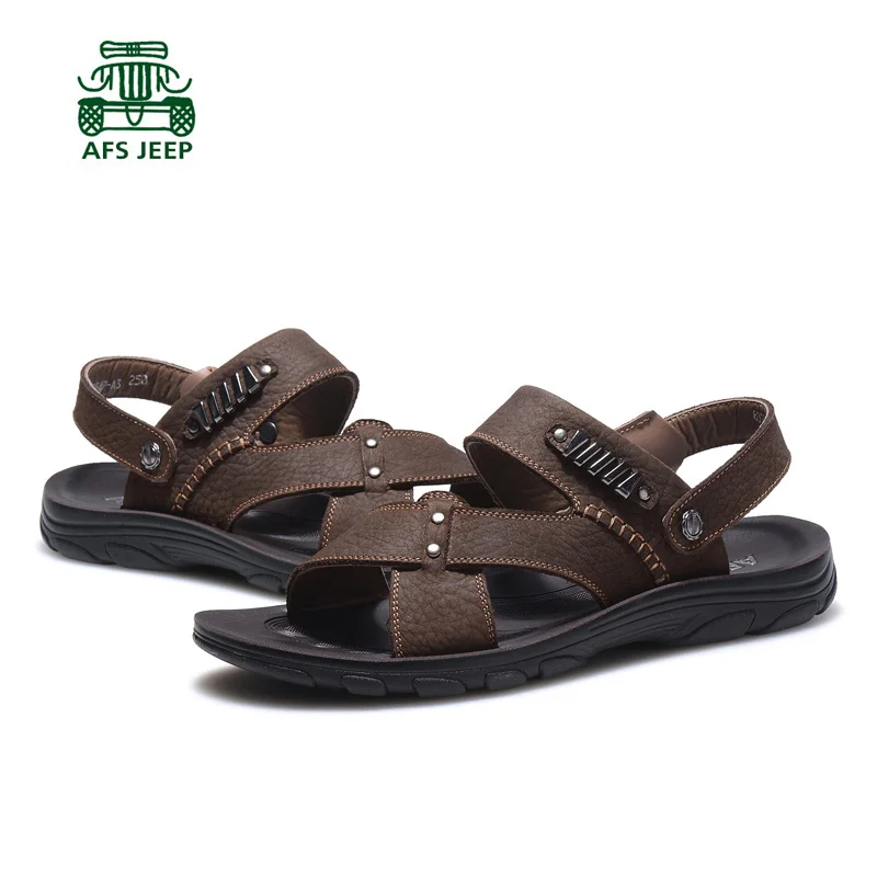 AFS JEEP 547 summer beach men's head layer cowhide sandal male Casual