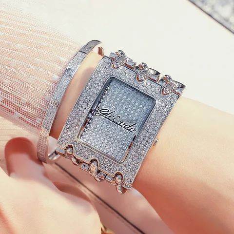 Relógios para Mulheres de Prata Relógio de Forma de Quartzo Relógios de Pulso Luxo Strass Senhoras Pulseira Relógio Retângulo Feminino New g & d