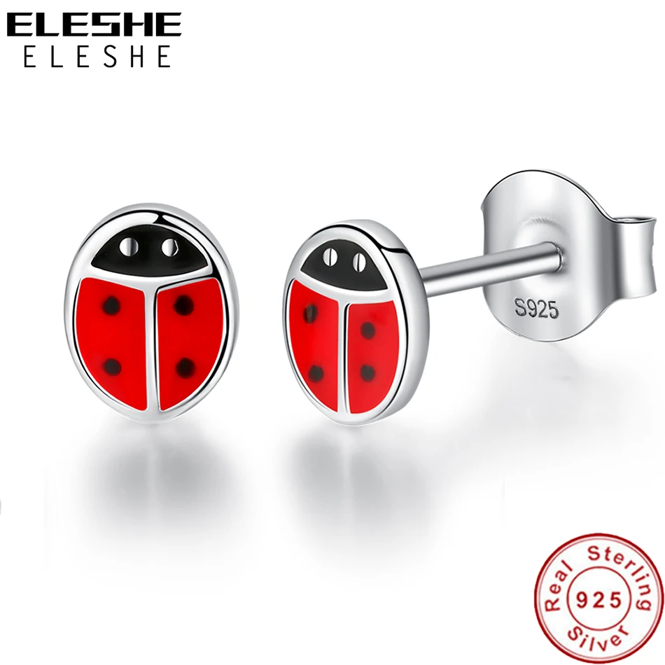 

ELESHE Fashion 925 Sterling Silver Earrings Children Jewelry Red Enamel Animal Ladybug Small Stud Earrings For Girls Baby Child