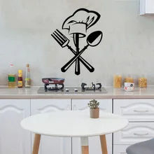 Calcomanías de papel tapiz para decoración del hogar, Adhesivo de pared para cocina, restaurante, cuchillo, tenedor, sombrero de chef, creativo, cubertería, Mural
