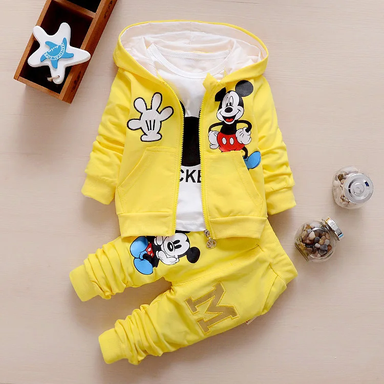 3 шт./компл. Детские комплекты одежды для маленьких мальчиков и девочек с Микки Маусом Мышь пальто с капюшоном+ футболка+ штаны, детский спортивный костюм для детей Костюмы