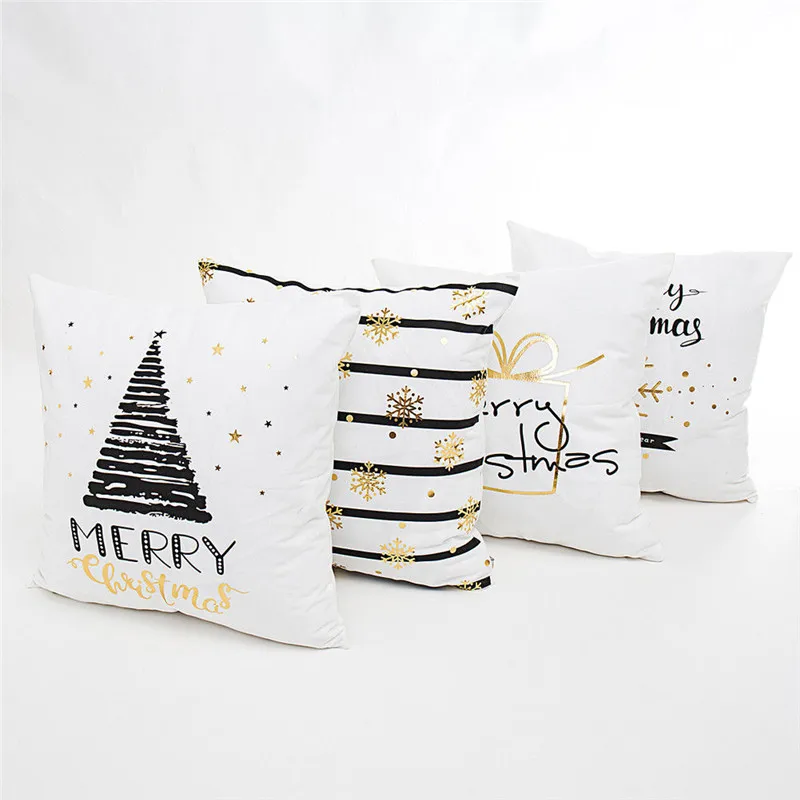 

45x45cm Christmas Gold Letters Bronzing Snowflake Throw Pillow Case White Prined Letters Striped Christmas Pillow Case