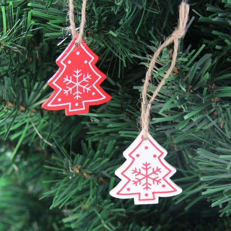 12PCS/Lot DIY White&Red Christmas Tree/Heart/Star Wooden Pendants Ornaments For Home Xmas Tree Ornaments Kids Gifts Decorations
