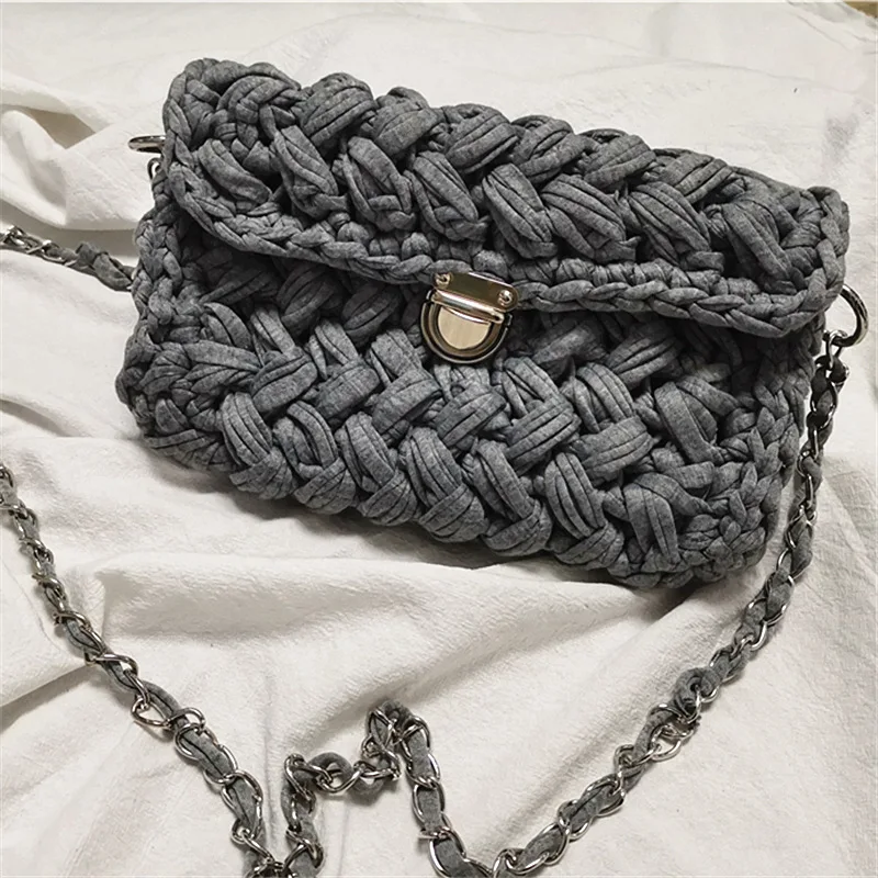 Новинка, модная леопардовая сумка через плечо, тканая вязаная сумка, женская сумка-мессенджер с клапаном, Хлопковая сумка на плечо ручной работы OC602 - Цвет: Grey lock
