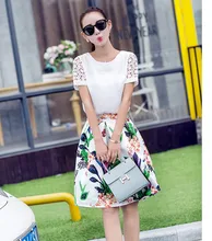Lace short-sleeved summer new women chiffon dress two-piece skirt suit and Knee-Length dress