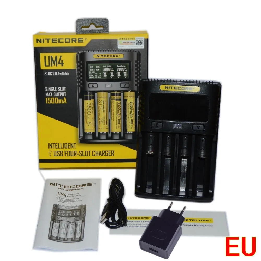 NITECOR UM4 UM2 C4 VC4 LCD Смарт зарядное устройство для Li-ion/IMR/INR/ICR/LiFePO4 18650 14500 26650 AA 3,7 1,2 V 1,5 V батареи D4 - Цвет: UM4 add USB power