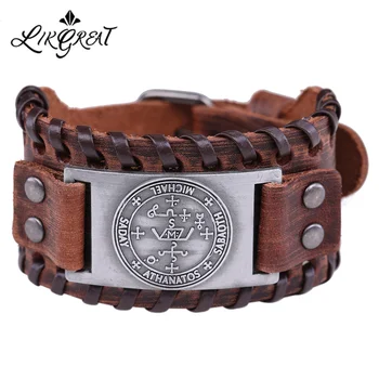 

LIKGREAT Michael Archangel Wristband Bracelet Men Pulseira Masculina Amulet Pagan Genuine Leather Men's Cuff Bracelets Jewelry