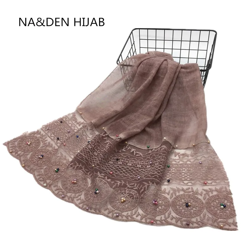 

1PCS Hot sale silk scarf fashion new design color pearl High-grade lace shawls viscose cotton Muslim hijab fast shipping 8colors