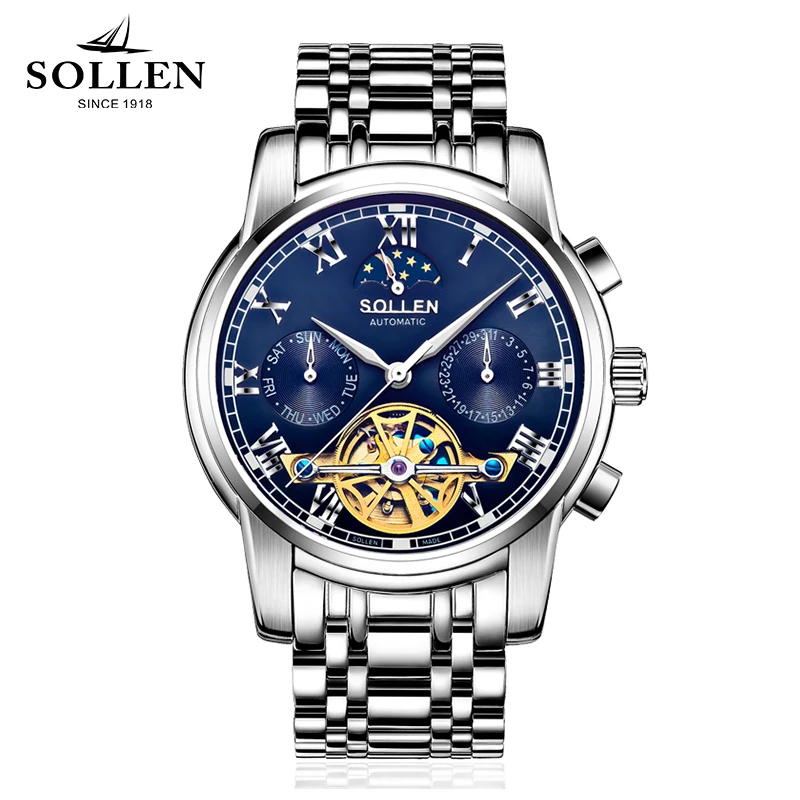 

Luxury Brand SOLLEN Mechanical Watch Multi-functional Mens Watches Tourbillon Stainless Steel Wristwatch Reloj Hombre Top Clock