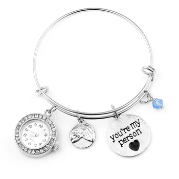 

New Sliver Color Crystal Clock You're My Person Bracelet for Women Zinc Alloy Charms Adjustable Bracelet Jewelry Party Gifts