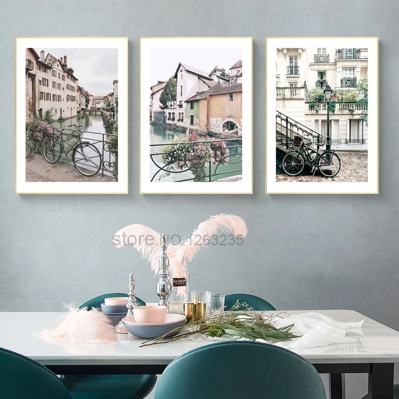 British Architecture Nordic Poster River Wall Art Canvas Painting Bicycle Prints Town Wall Pictures For Living Room Unframed