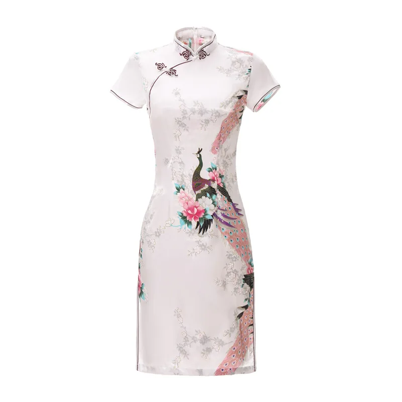 White Print Short Sleeve Mini Dress Chinese Women Silk Rayon Qipao Short Cheongsam Peacock&Flower Size S M L XL XXL 3XL 4XL 5XL