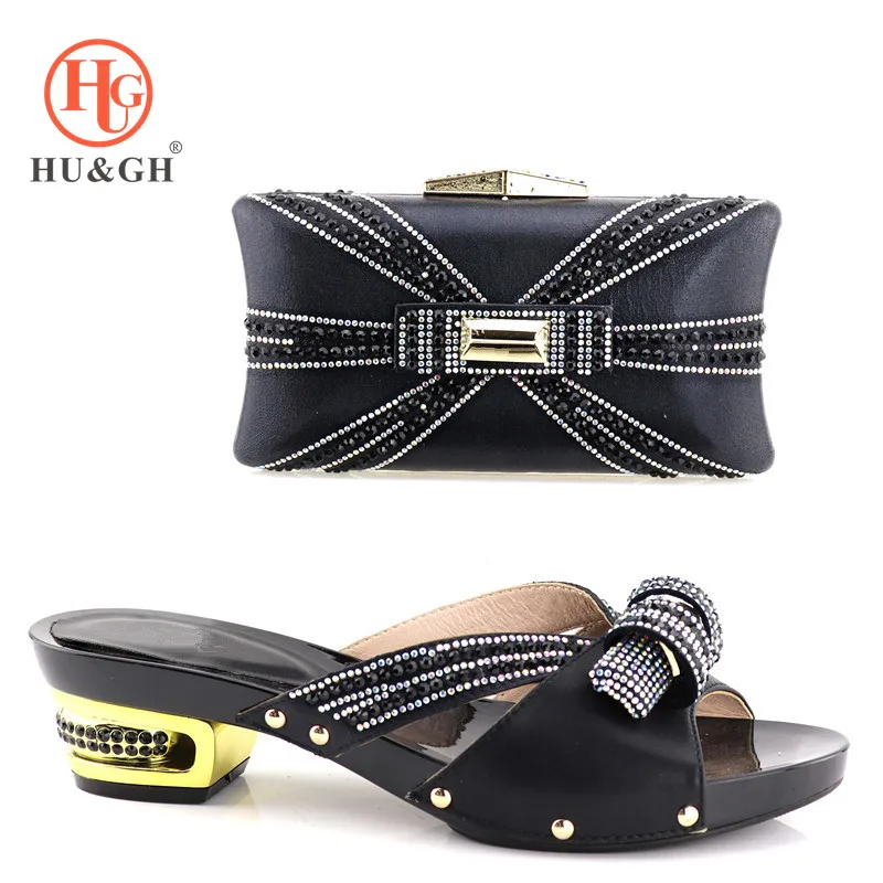 

2018 New Black Color High Quality Italian Decorated With Rhinestone Shoes And Bag Set African Matching Shoe And Purse For Party