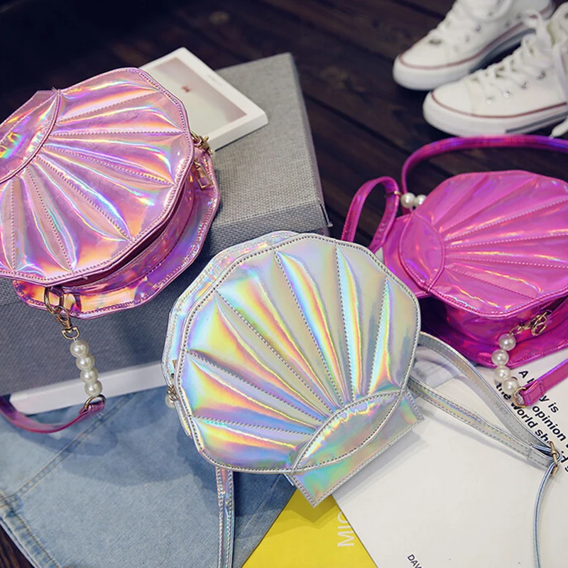 Fashion Purse Ladies Crossbody Handbag Mini Messenger Bag Hot Shell Shape Laser Chain Shoulder Bag Girls Fun Personalized
