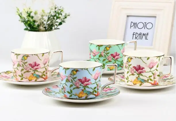 270 мл Весна цветок костяного фарфора кофейные чашки и блюдца элегантные женские любимые матери чайный набор подарок - Цвет: E