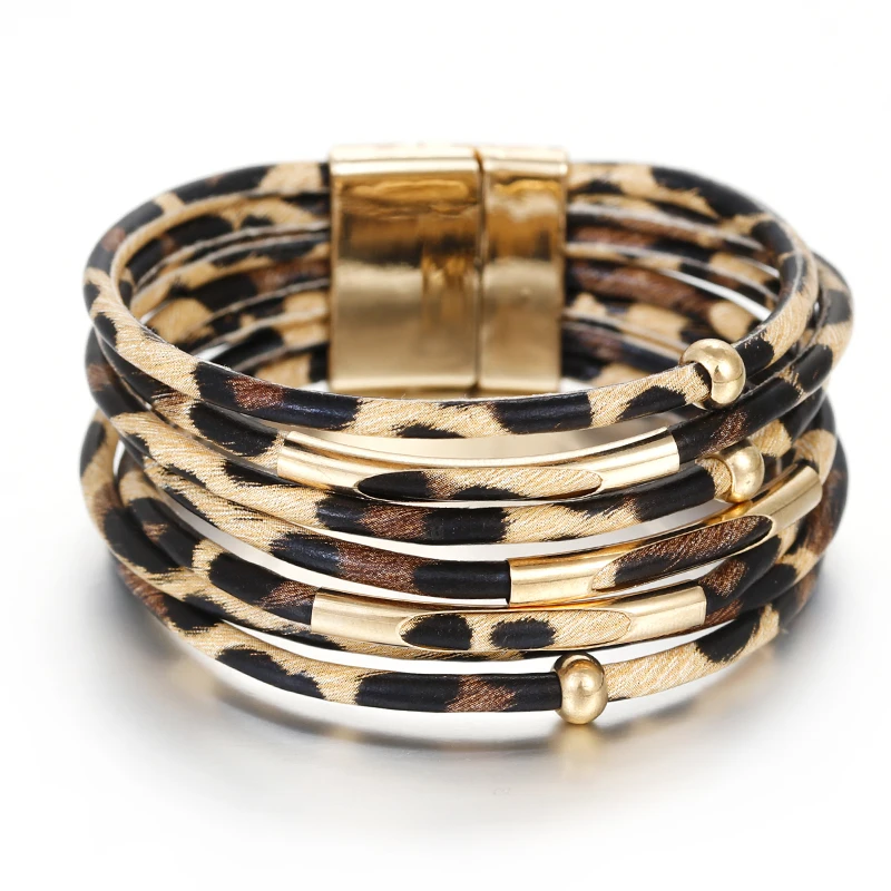 

ALLYES Leopard Women Leather Bracelet Jewelry 2019 Fashion Metal Tube Ladies Wide Boho Multilayer Wrap Bracelets & Bangles
