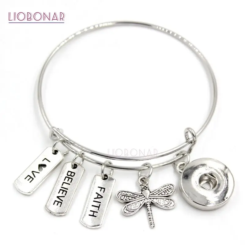 

10PCS Wholesale 18mm Snap Jewelry Dragonfly Bracelet Believe Faith Charm Bracelets Expandable Bangle Snap Button Bracelets Gifts