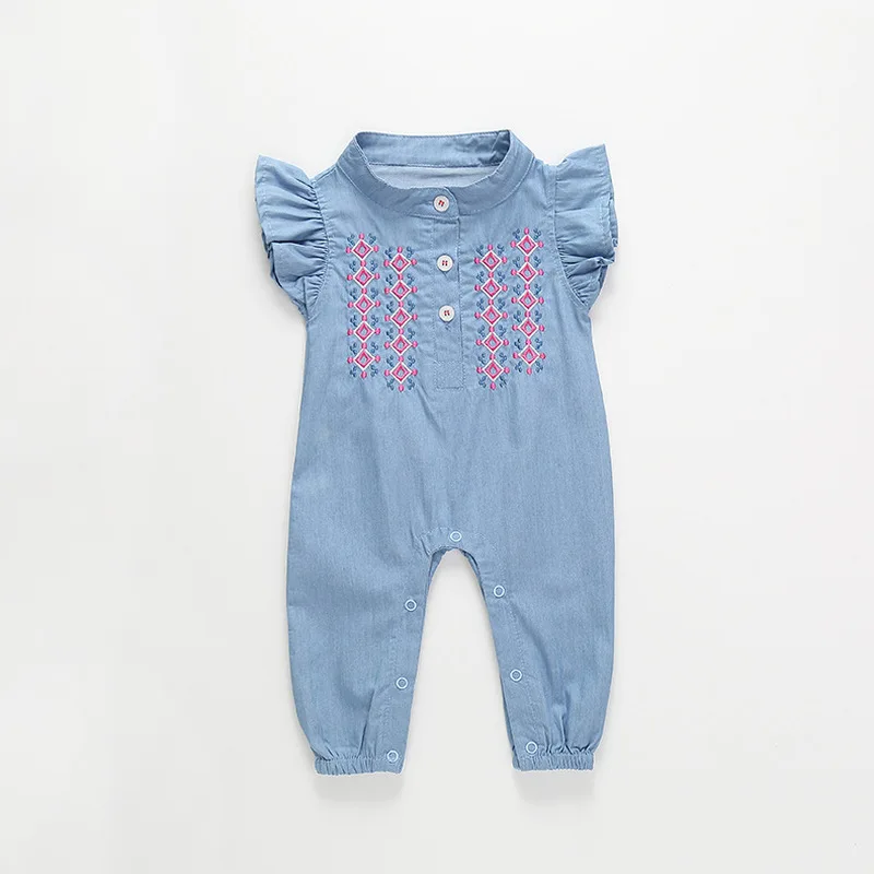 

VTOM Cowboy Embroidery Rompers Jumpsuit Newborn Baby Girl Ruffles Denim Romper Sunsuit Playsuit Outfit Clothes Summer