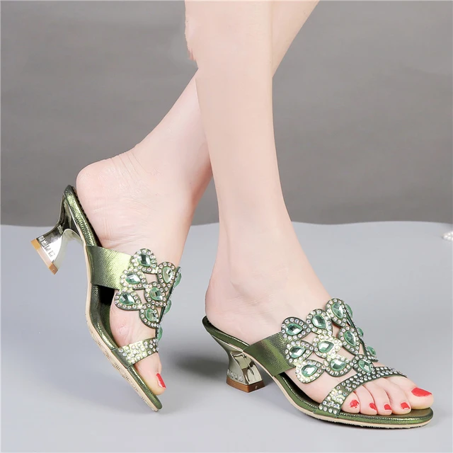 2017 de Zapatos Nuevas Verde Diamantes Zapatillas Altos Barato Chunky Casuales Tacones Lujo Sandalias Mejor de xrA7wqEx