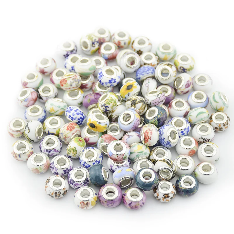 

14mm 100Pcs Mixed Color 925 Sterling silver cord Big Hole Ceramic Beads fit European Charm beads Jewelry Braclet DIY H296