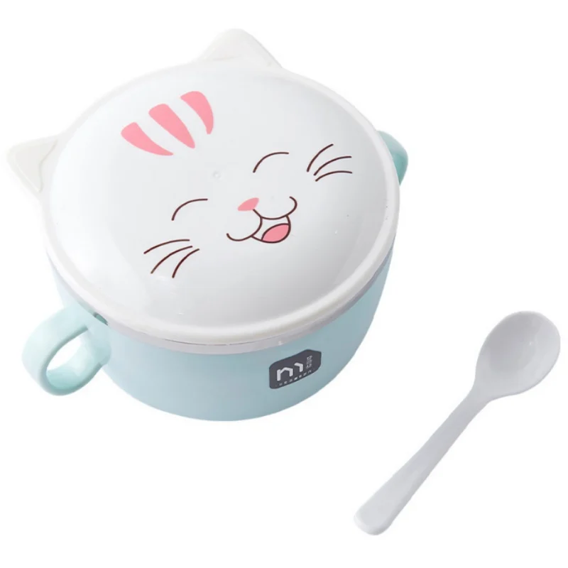 

Cute Cat Design Lunch Box And Spoon Set Cartoon Stainless Steel Bowl With Lid Large Bowl Food Container Portable Tableware