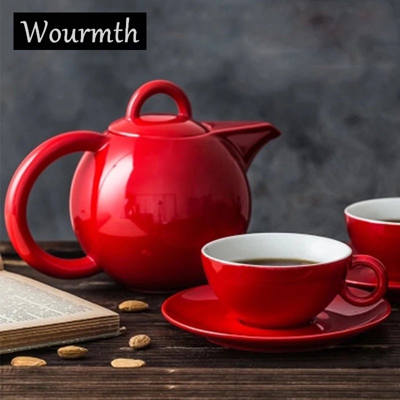 

WOURMTH Europe Red Luxury Tea Pot High quality Porcelain Coffeepot 1200ml Large capacity Ceramic tea set Cafe Teatime Drinkware