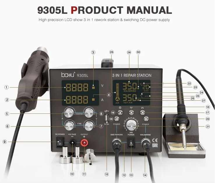 Ba-9305L паяльник с цифровым дисплеем, 3 в 1 паяльная станция, инструменты для ремонта материнской платы мобильного телефона