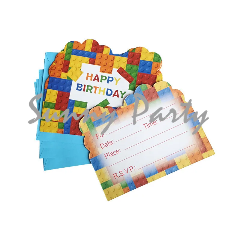

6pcs/lot Color Building Blocks Theme Party Invitation Card Kids Birthday Baby Shower PartyInvitation Card Party Supplies