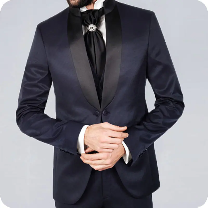 

Navy Blue Mens Wedding Suits Black Shawl Lapel Slim Fit Wedding Tuxedos Groom Wear Ternos Two Pieces Jacket Pants Costume Homme