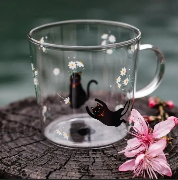 Креативное стекло Сика олень черный Кот кролик узор высокая бора стекло высокая температура с кружка для воды с ручкой кофе чашка молока - Цвет: Black cat