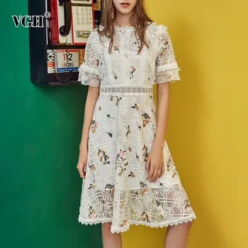 

VGH Summer Embroidery Dress Women Short Sleeve O Neck High Waist Slim Knee-Length A Line Female Dresses 2020 Fashion New Korean