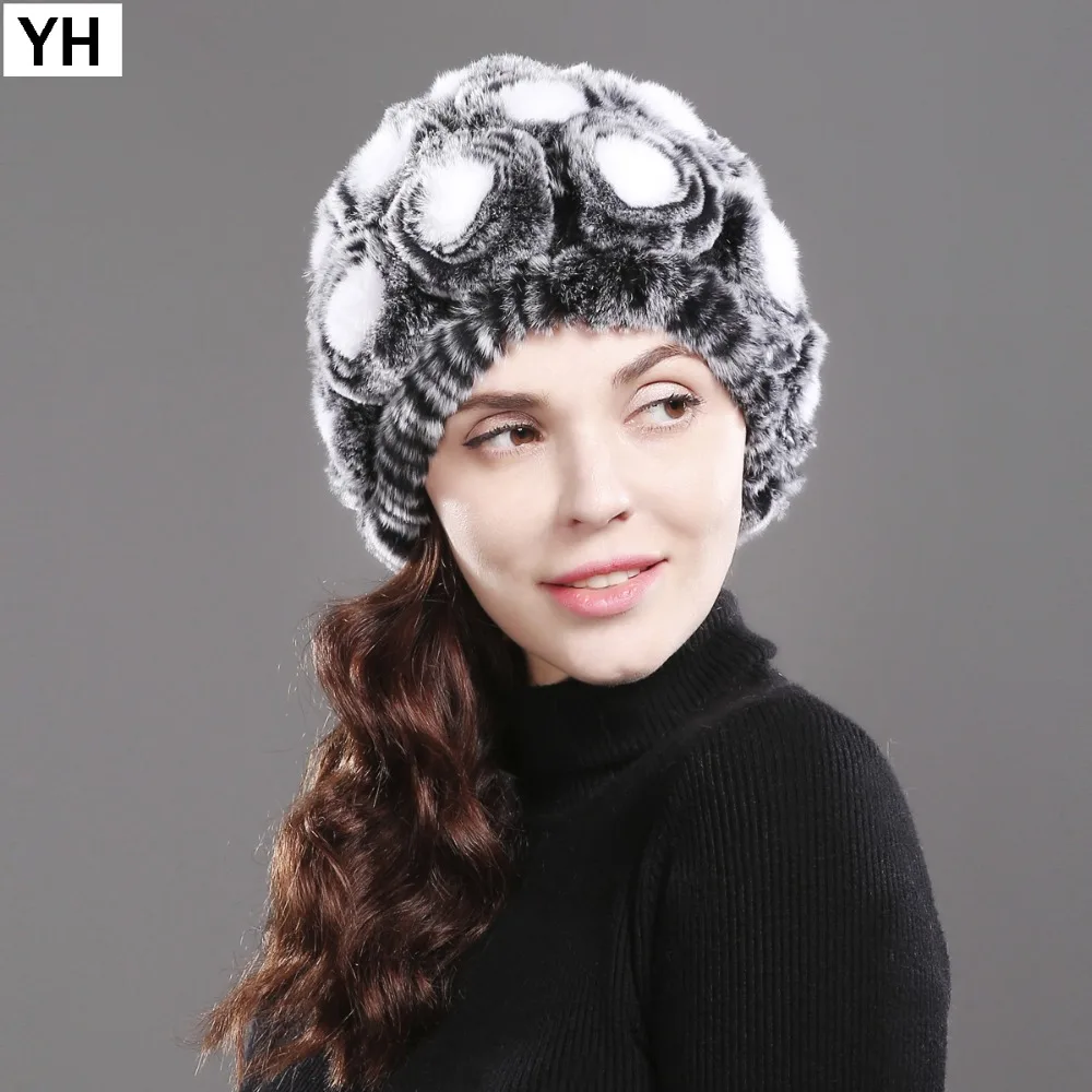 

2019 Women Natural Real Rex Rabbit Fur Hat Winter Floral Casual Rex Rabbit Fur Beanies Caps Warm 100% Real Rex Rabbit Fur Cap