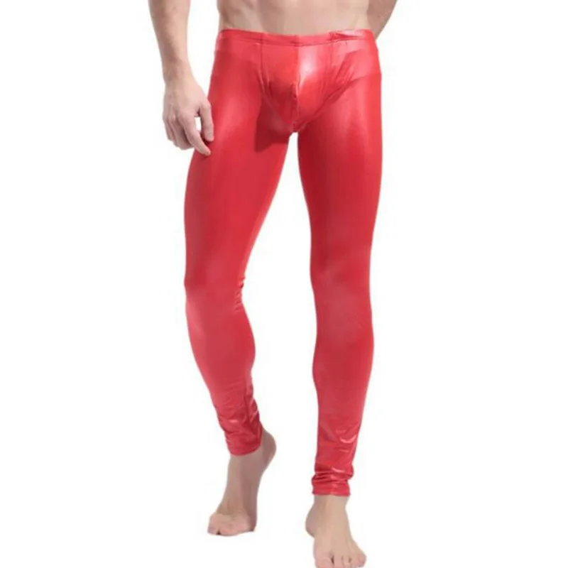 Men Black Red Stretch Legging Pants Stage Performance Sexy Lingerie Skinny Low Waist Faux Leather PVC Gay Club Dance Wear Leggings (3)