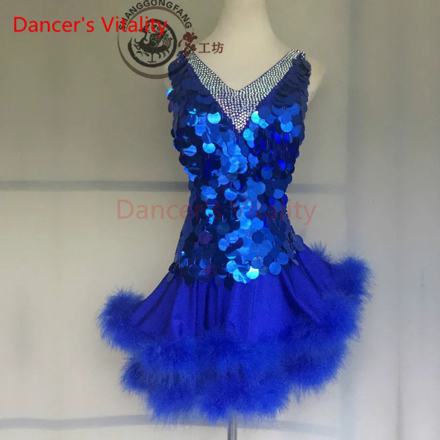 

Dancer's Vitality Lotus Side Sequins Back Opening Latin Dance Dress Women Samba Salsa Tango Dress For Latin Competition Dress