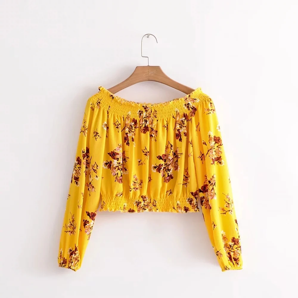 Yellow Crop Tops Vacacion Beach Shirts For Women Loose Slash Neck Off