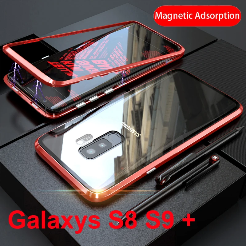 

Magnet Attraction Flip Case for Samsung Galaxy S8 S9 Plus Back Glass Case Guard Cover Luxury Metal Bumpers for Note 8 Hard Case