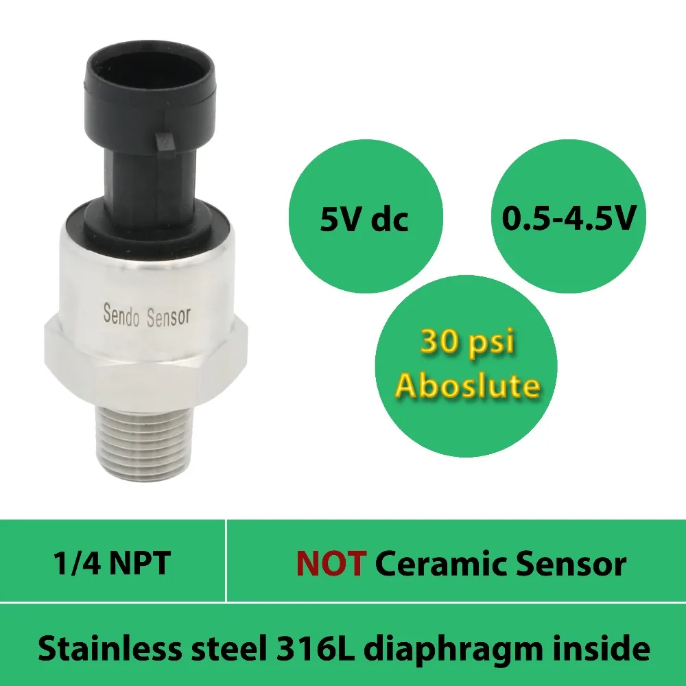 S. S 316L мембранный сенсорный датчик давления, 30psi, 0.2Mpa, 200Kpa абсолютный, 0,5-4,5 в сигнал, 1 4 NPT, 5Vdc мощность, воздух, газ