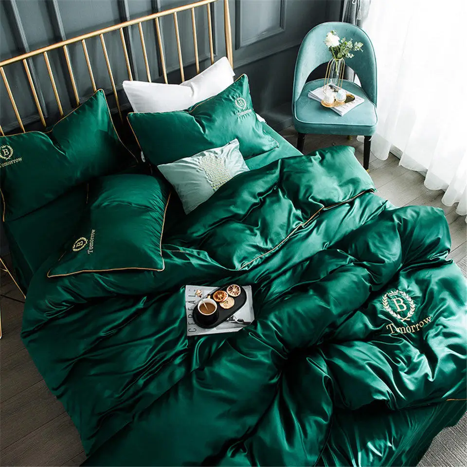 

Summer Silk Bedding Set Sweet Heart Letter Embroidery Bed Sheet And Pillowcase Duvet Cover Set Soft Twin Single Bed Set