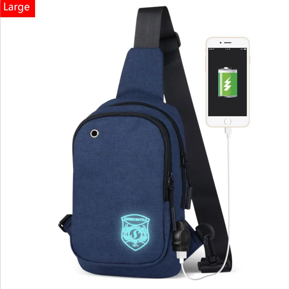 Light Luxury Personality Luminous Shoulder Pack Canvas Sports Leisure Packet Men's Chest Bag Chest Cross Package with USB - Цвет: Large Blue